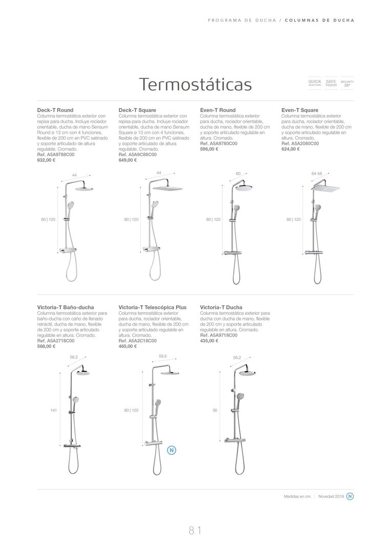 Página de columnas de ducha termostáticas con sus medidas