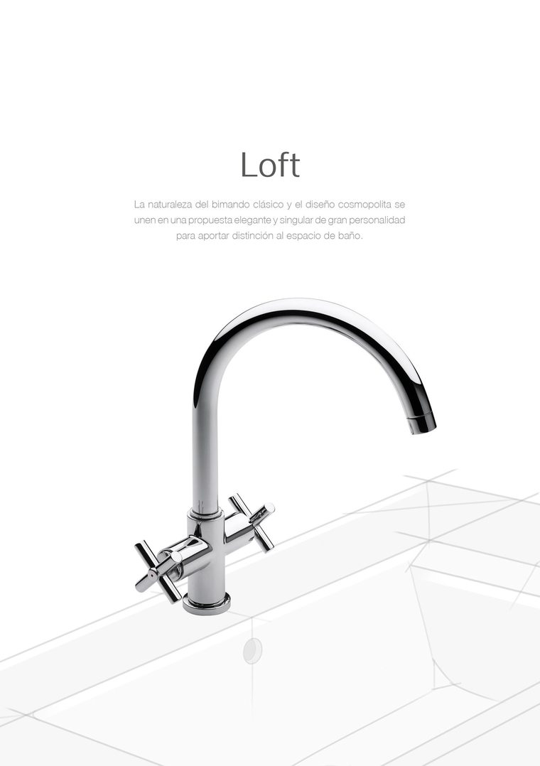 Página de la colección Loft: el grifo sobre un lavabo dibujado a línea