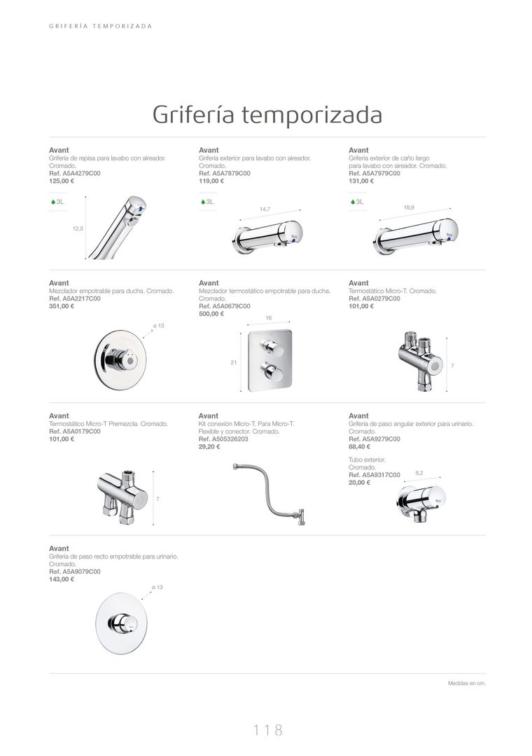 Página de grifería temporizada con sus medidas