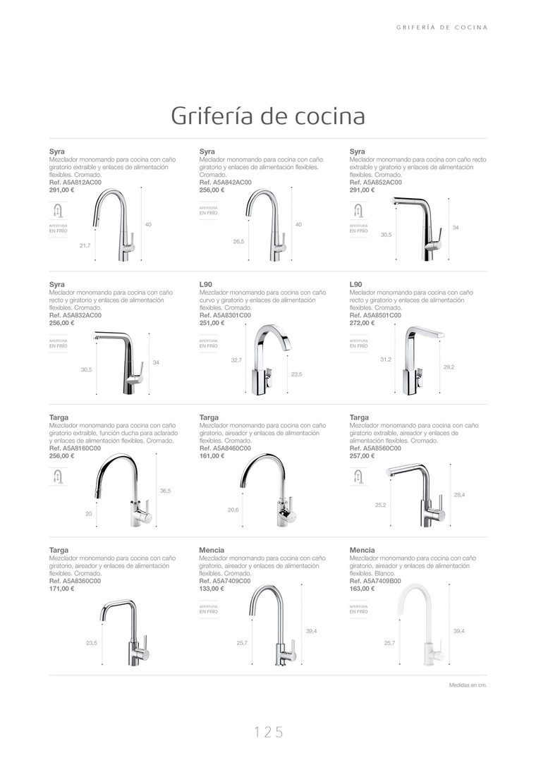Página de grifería de cocina con sus modelos y medidas