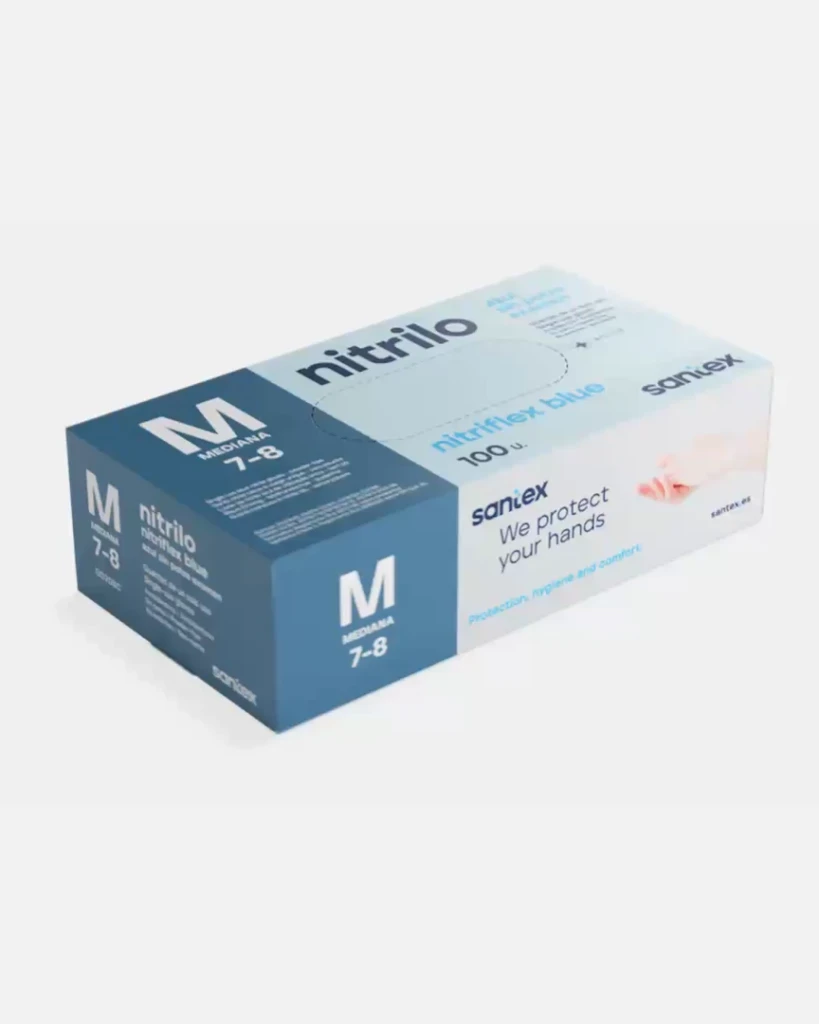 3D box of Santex Nitriflex Blue nitrile gloves, from the product video on its website
