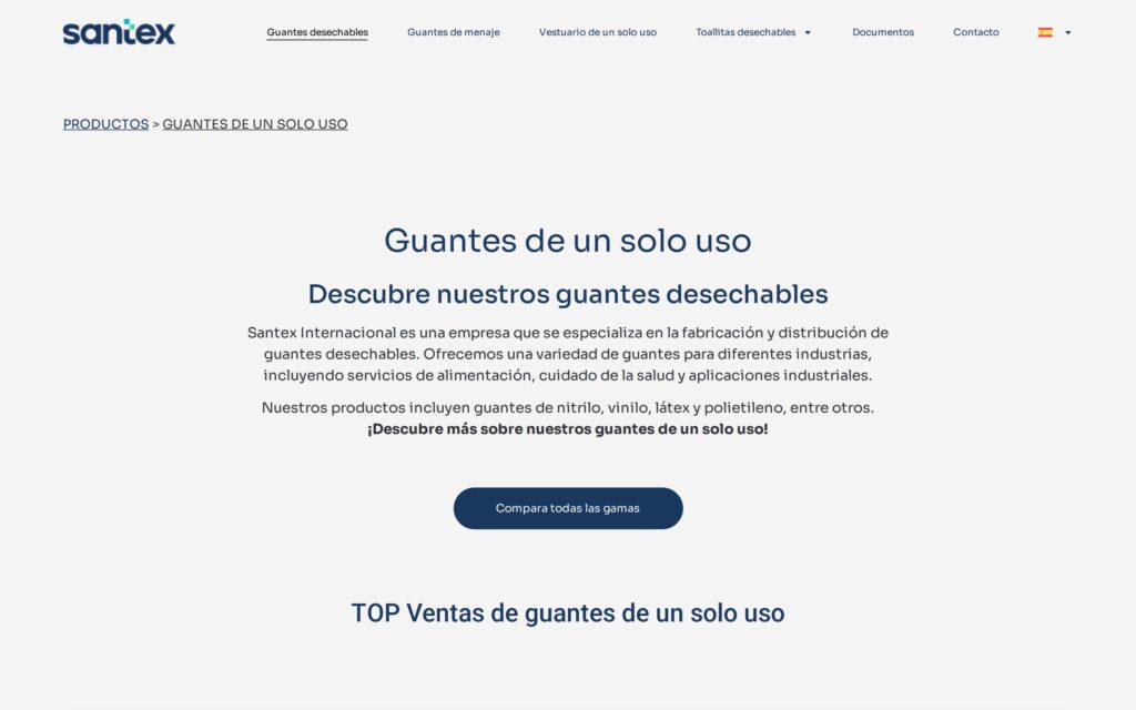 Web de Santex: página de guantes de un solo uso con acceso al comparador de gamas