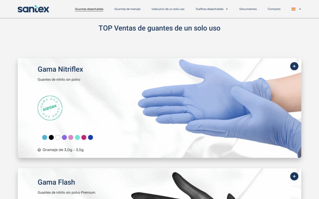 Web de Santex: gama Nitriflex de guantes de nitrilo con sus colores y gramaje
