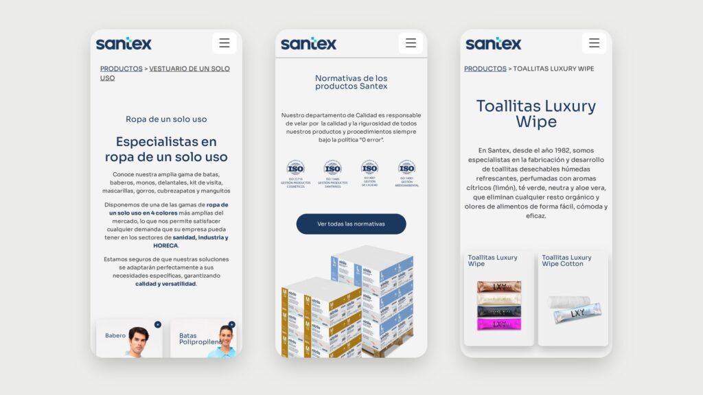 Web de Santex en el móvil: vestuario de un solo uso, normativas y toallitas Luxury Wipe