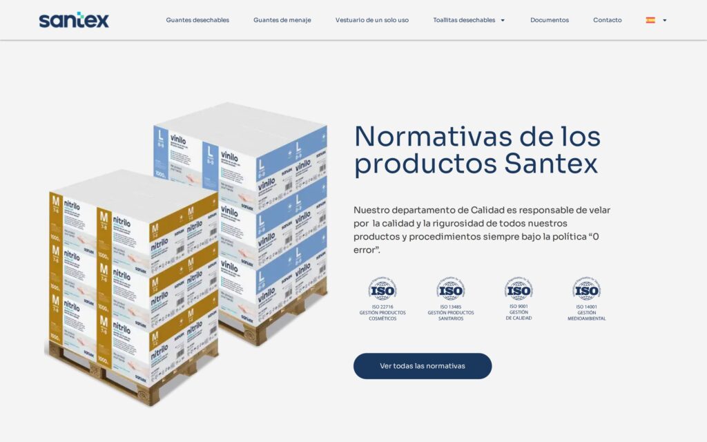 Web de Santex: normativas de los productos, con mockups 3D del packaging en palés y los sellos ISO