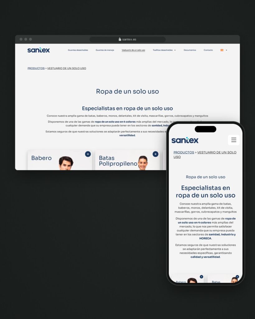 Página de vestuario de un solo uso de Santex en un navegador y en un móvil, formato vertical