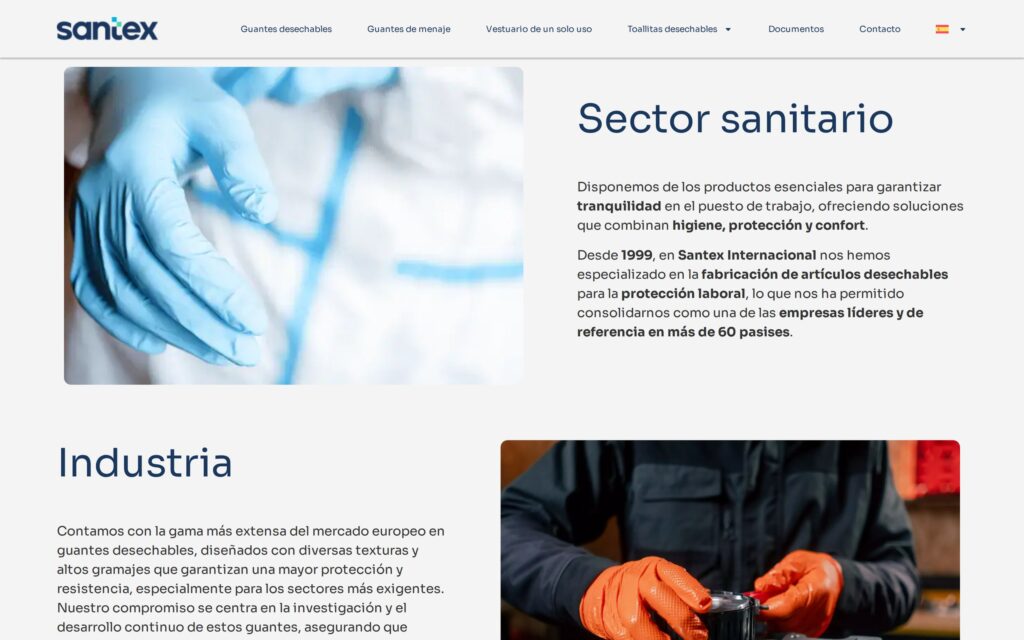 Web de Santex: sectores sanitario e industria
