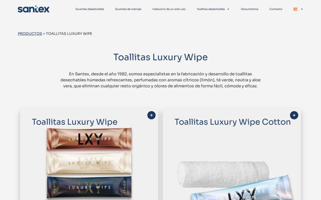 Web de Santex: toallitas Luxury Wipe y Luxury Wipe Cotton