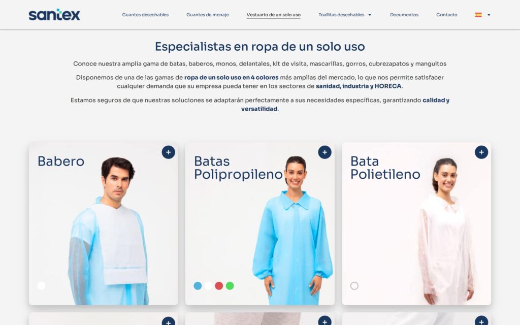 Web de Santex: catálogo de ropa de un solo uso con babero y batas en sus colores