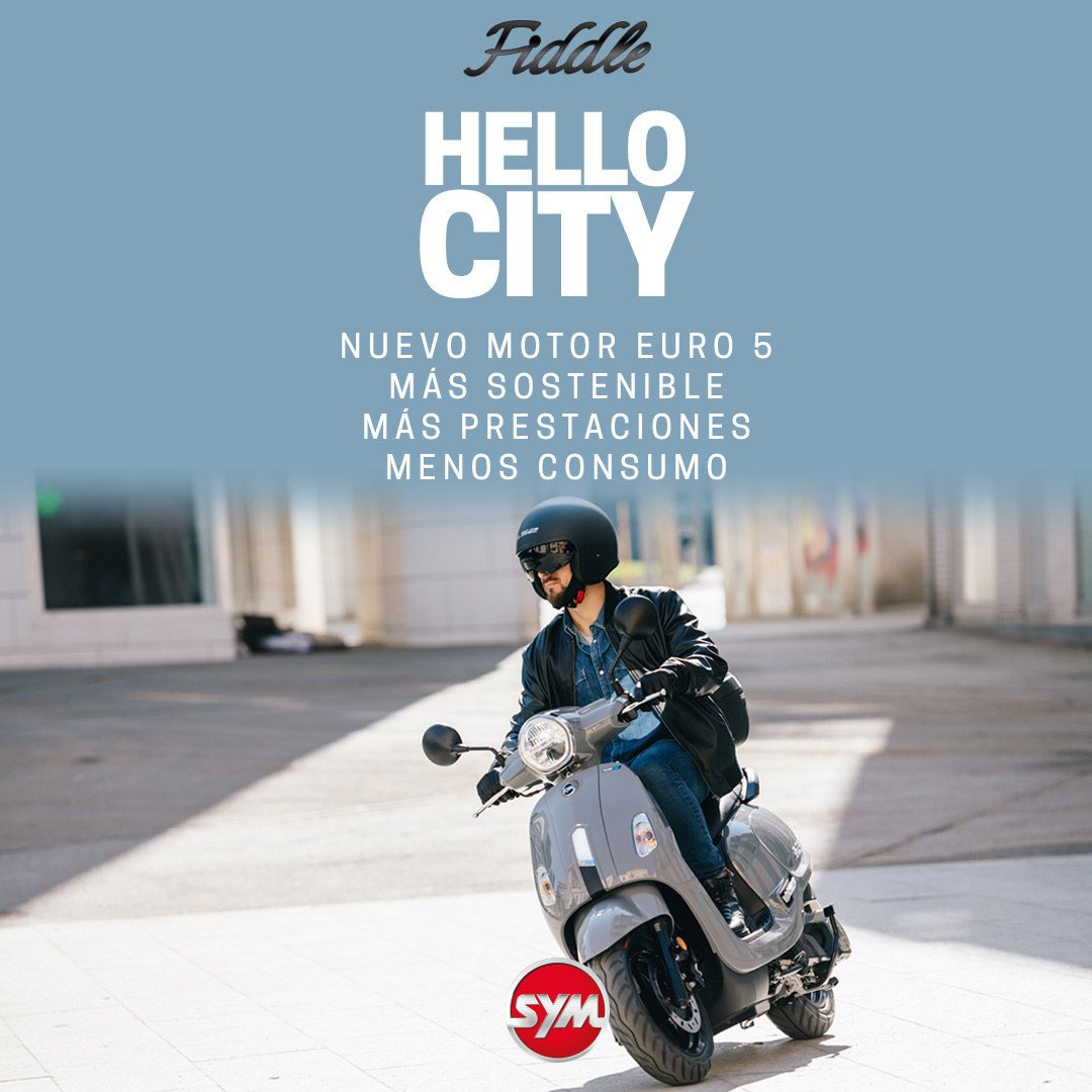 Campaña «Hello City» del Fiddle de SYM sobre azul claro