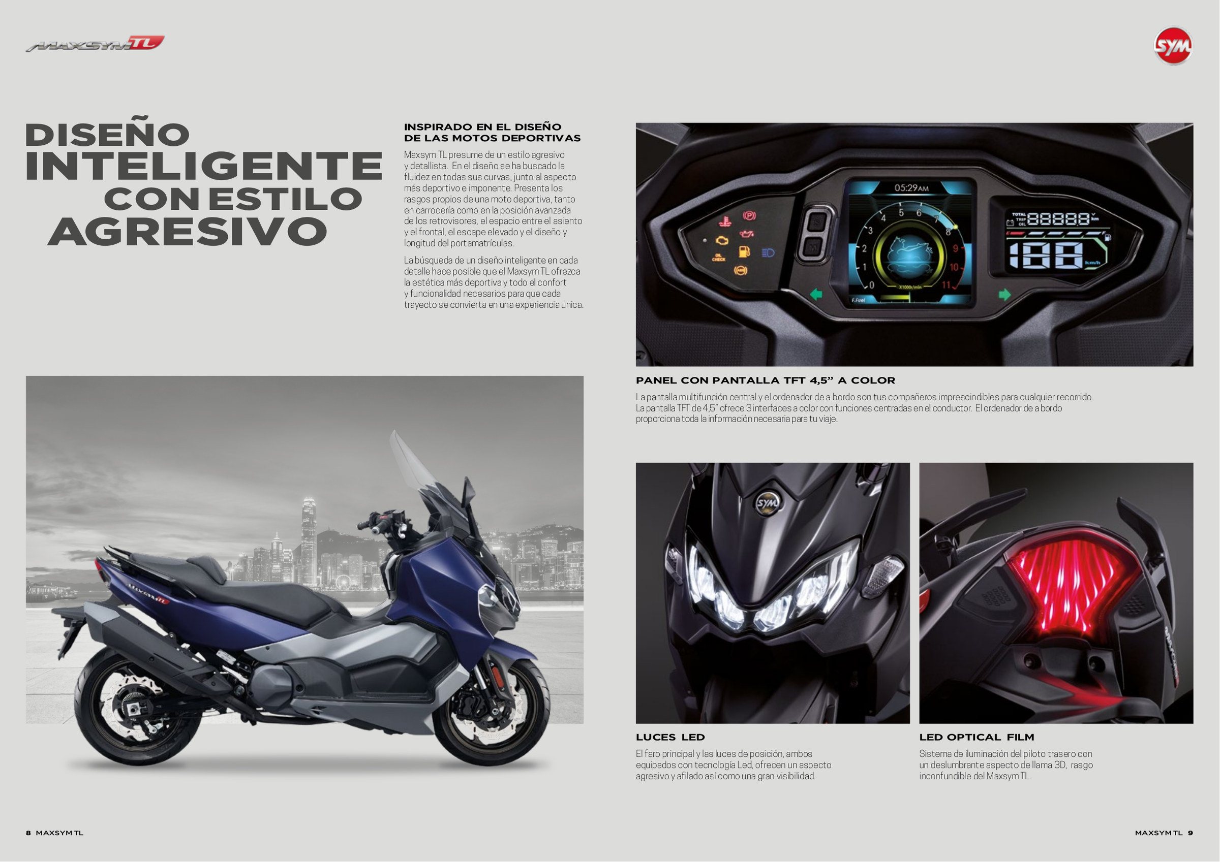 Doble página del catálogo Maxsym TL sobre su diseño y su pantalla TFT