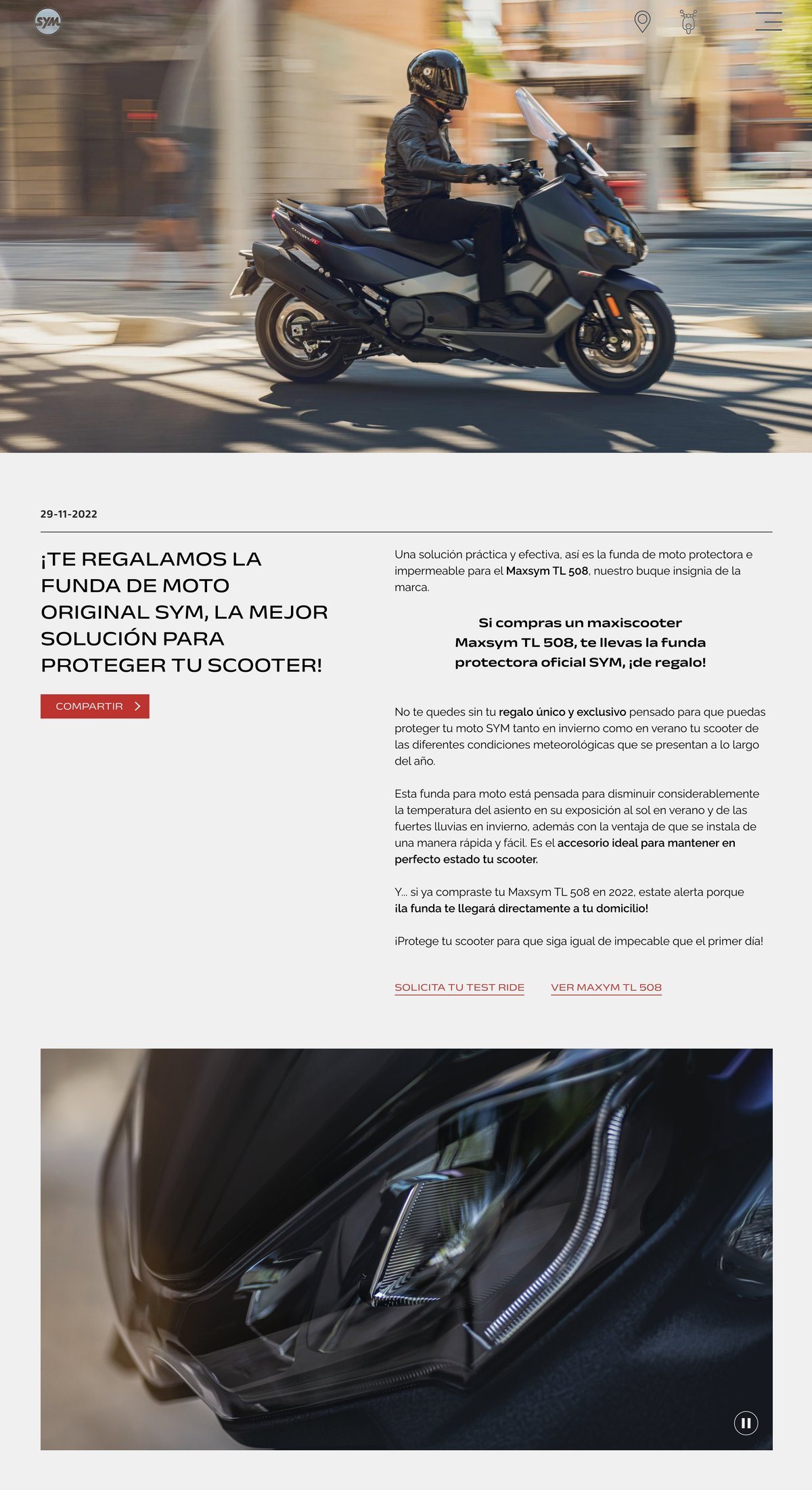 Página de noticia de la web de SYM de 2023, con el Maxsym TL 508
