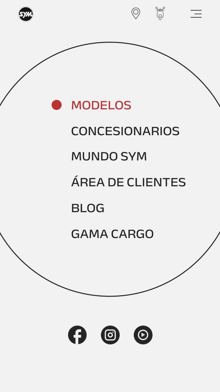 Web de SYM de 2023 en el móvil: el menú circular