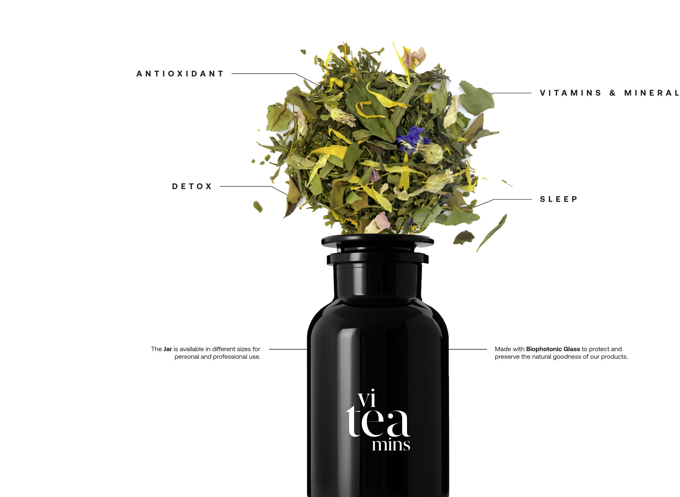 Tarro de vidrio negro de viteamins con infusión a granel