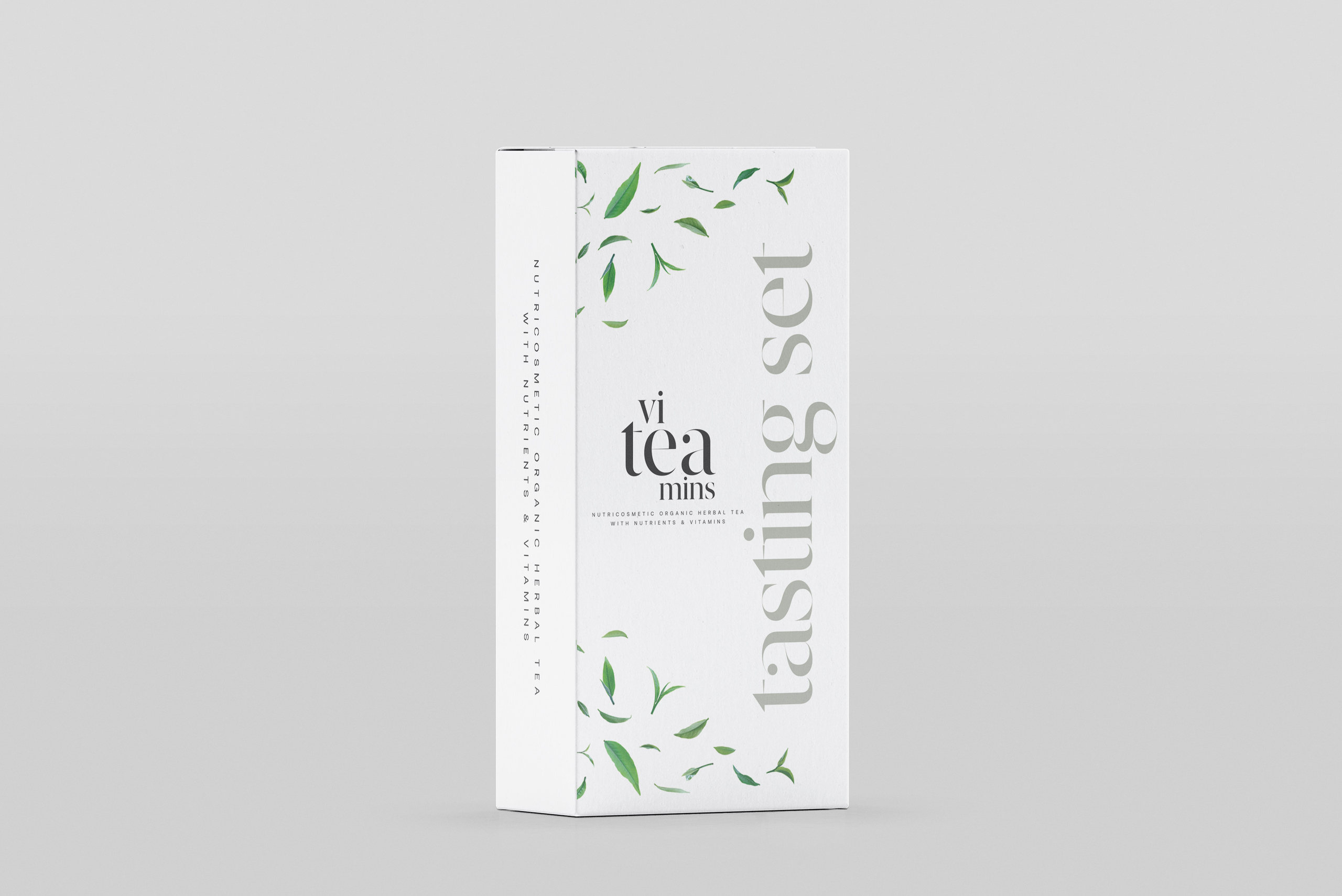 Caja Tasting set de viteamins, con hojas de té ilustradas