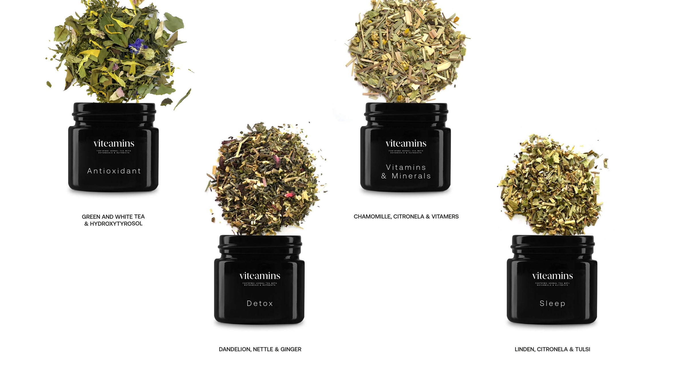 Tarros negros viteamins con sus infusiones a granel: Antioxidant, Vitamins & Minerals, Detox y Sleep