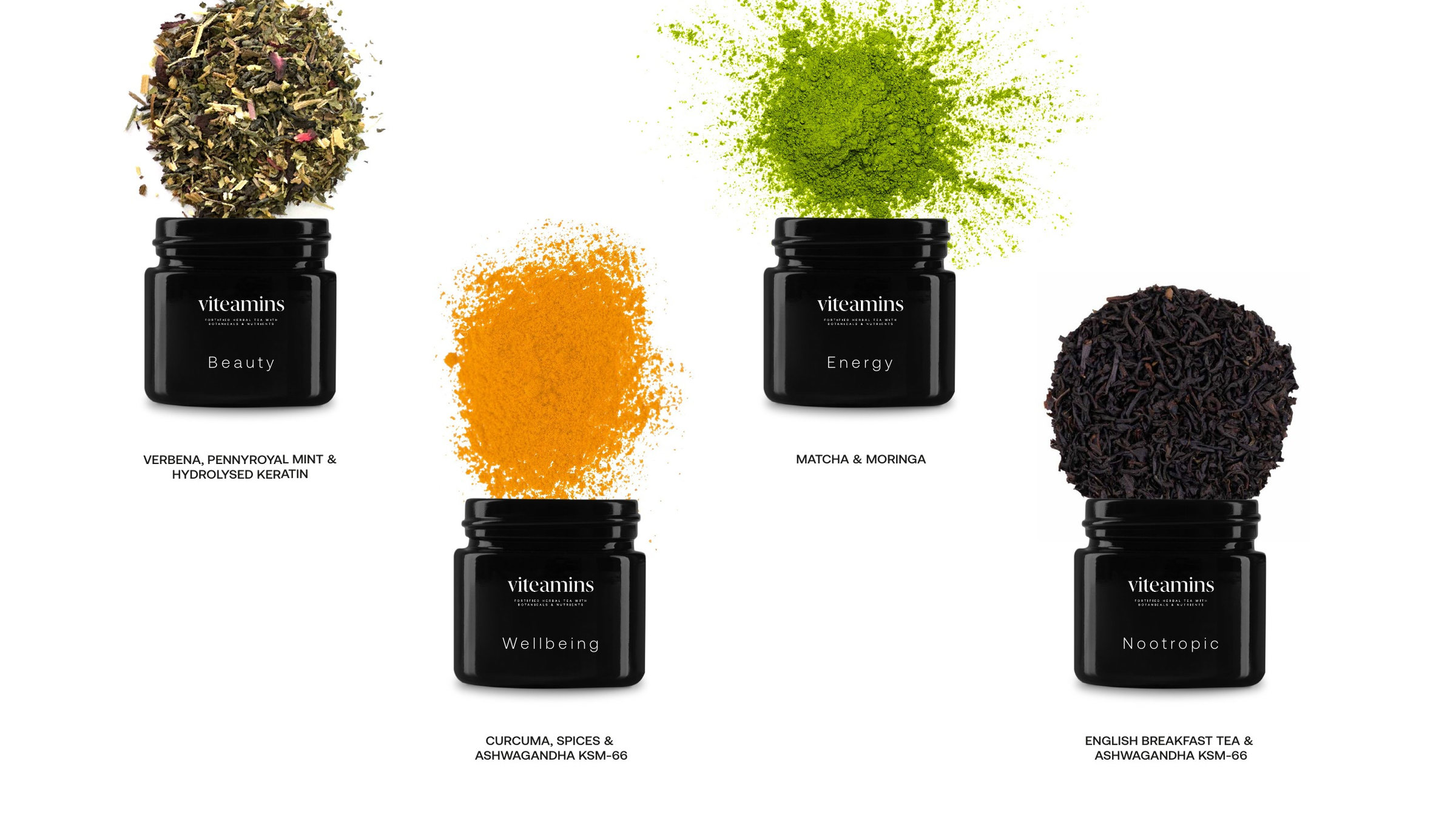 Tarros negros viteamins con Beauty, Energy, Wellbeing y sus ingredientes