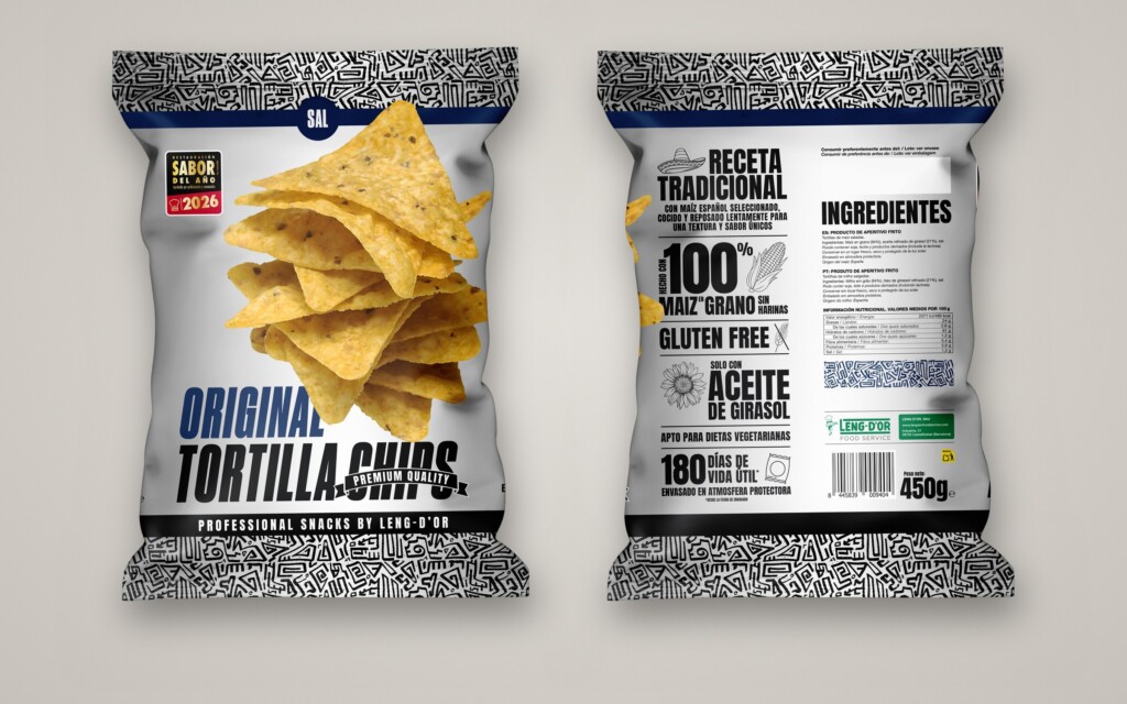 Frente y dorso de la bolsa de 450 g de Original Tortilla Chips de Leng-d’Or, simulación de estudio