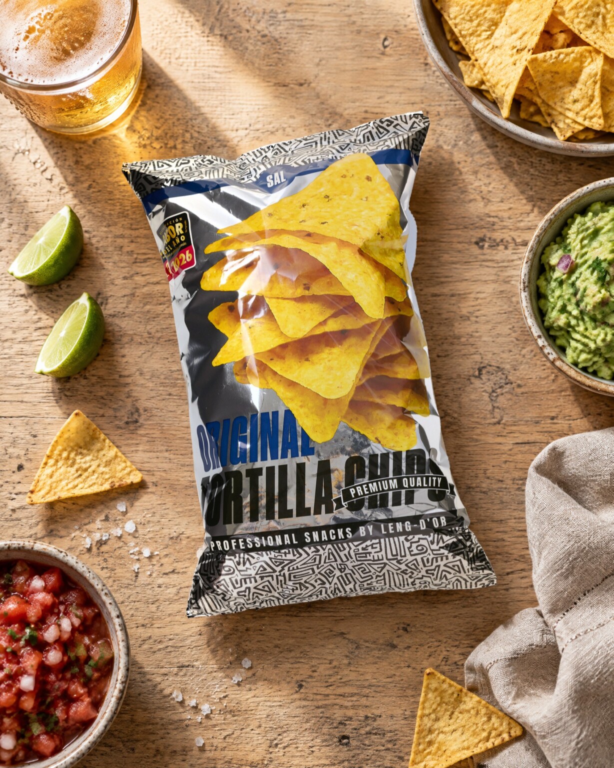 Recreación: bolsa de 450 g de Original Tortilla Chips de Leng-d’Or sobre la mesa de un bar, con tortilla chips, guacamole y salsa