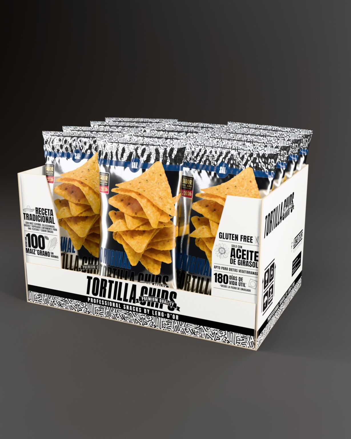 Recreación 3D: caja expositora de Tortilla Chips con doce bolsas, frontal bajo y postes con los argumentos del producto
