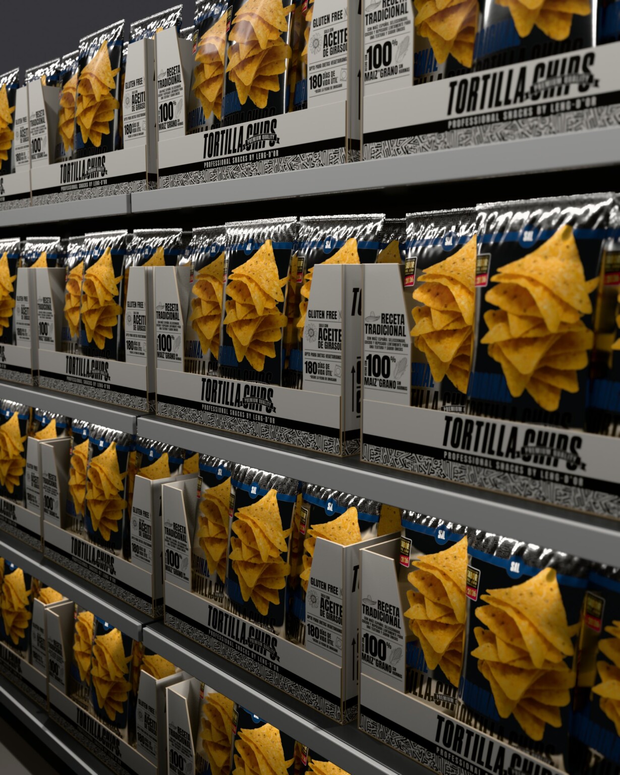 Recreación 3D: cajas expositoras de Tortilla Chips en las baldas de un lineal, en perspectiva