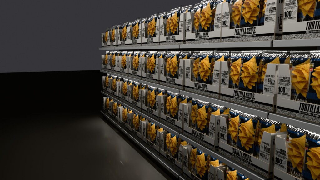 Recreación 3D: lineal de autoservicio profesional con cajas expositoras de Tortilla Chips de Leng-d’Or en todas las baldas