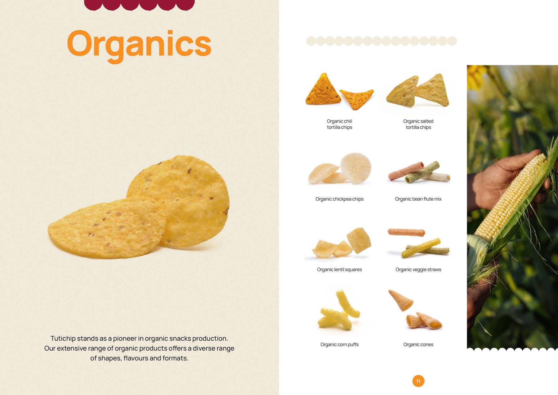 Doble página de snacks ecológicos en el catálogo de Tutichip