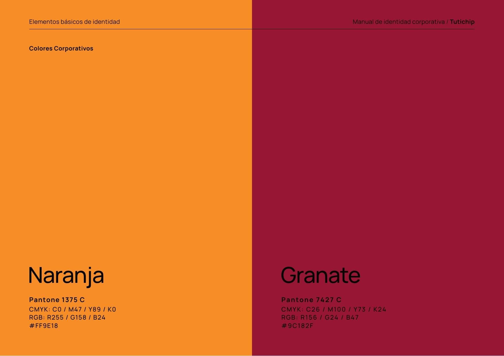 Página de colores corporativos del manual de Tutichip: naranja y granate