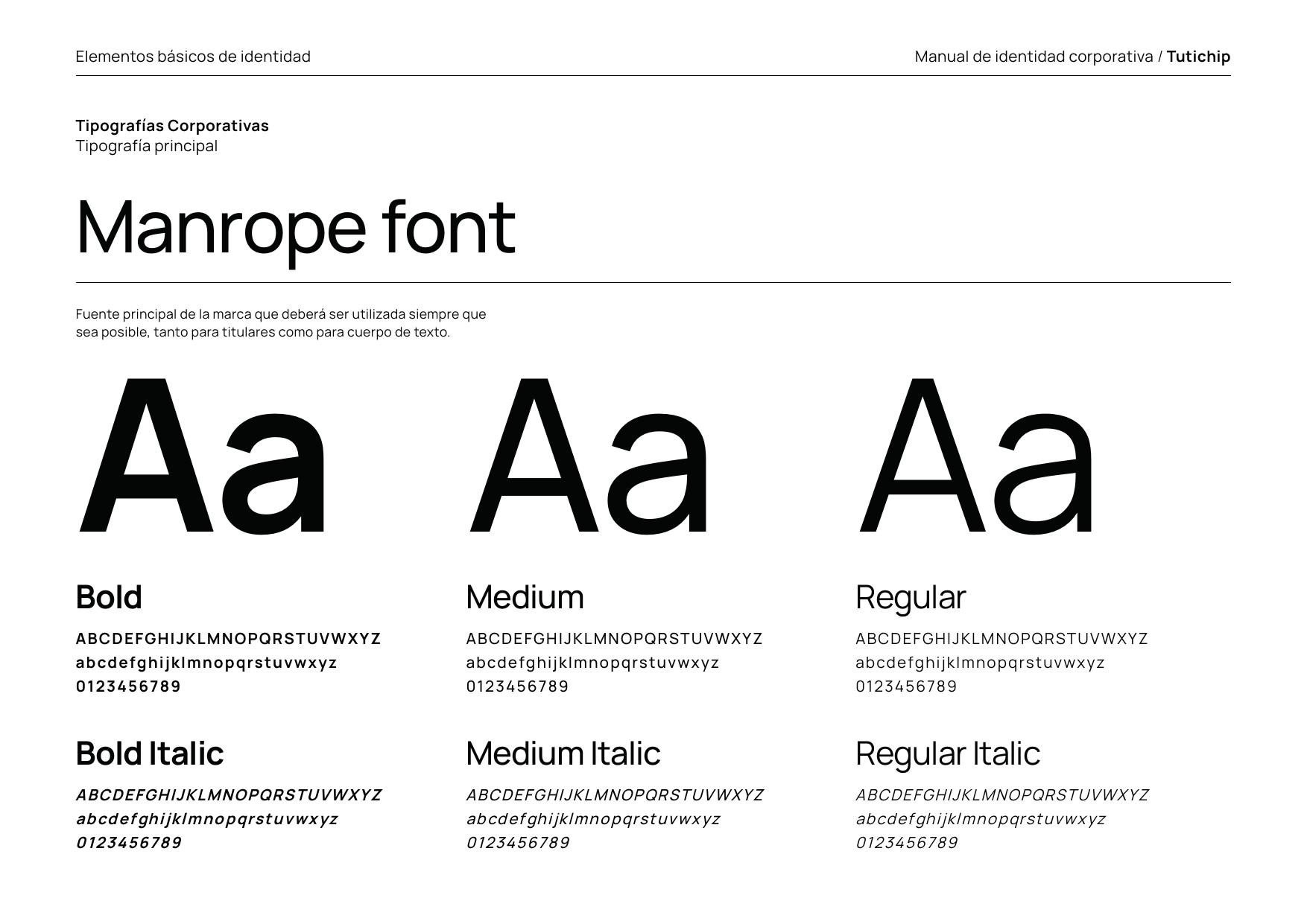 Página de la tipografía Manrope en el manual de Tutichip