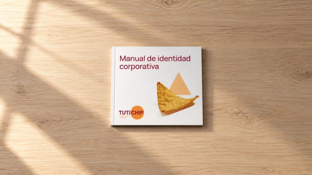 Recreación: manual de identidad corporativa de Tutichip sobre una mesa de madera