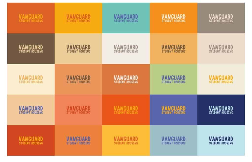 Gama cromática de Vanguard Student Housing: veinticinco combinaciones de color del logotipo