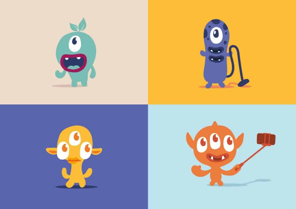 Cuatro de Los Vanguard, personajes de la marca, sobre fondos de color