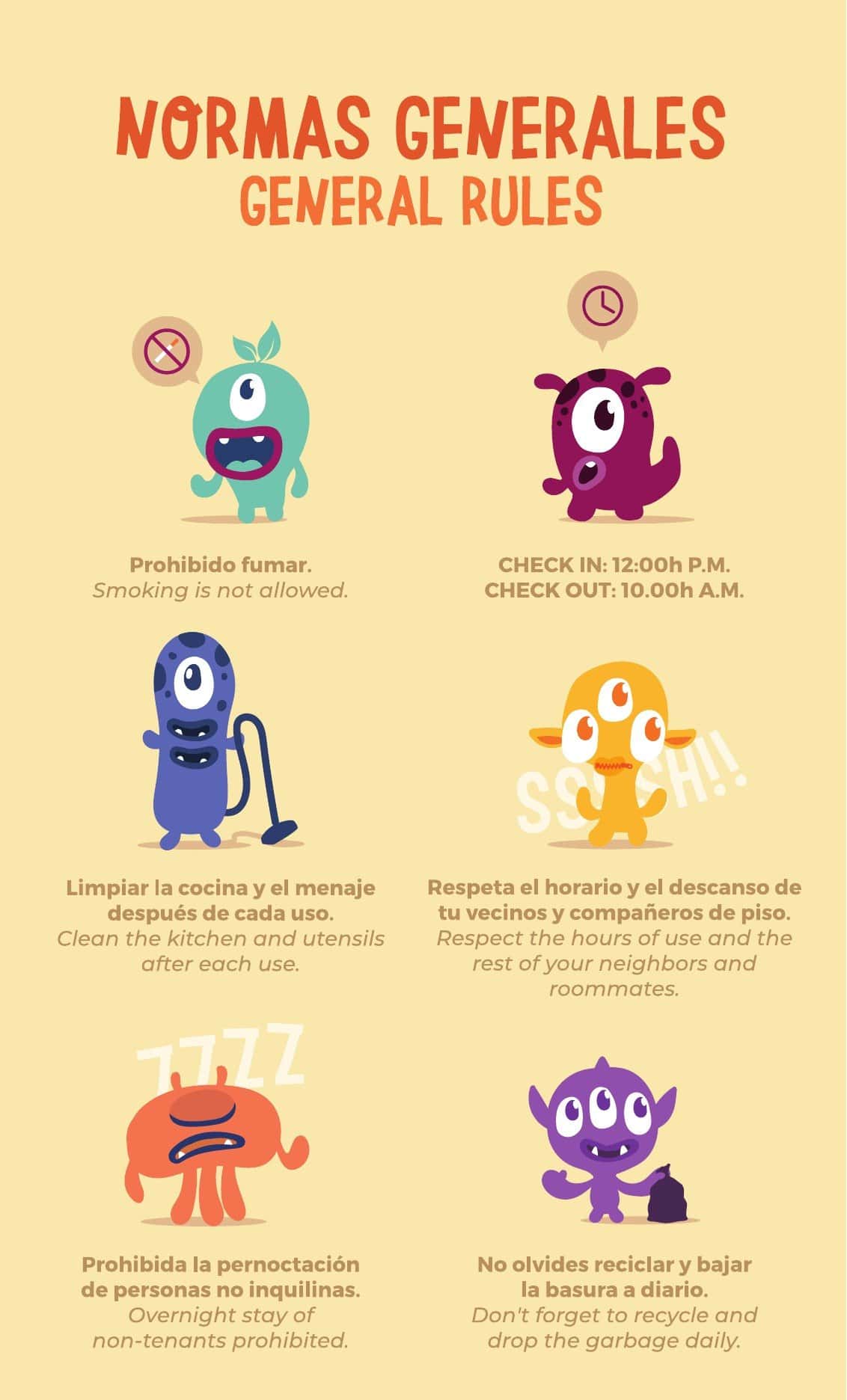 Normas generales de los pisos Vanguard en español e inglés, ilustradas con Los Vanguard