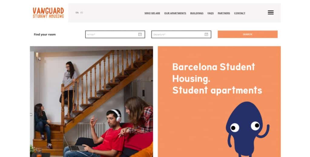 Diseño de la web de Vanguard Student Housing con buscador de habitaciones