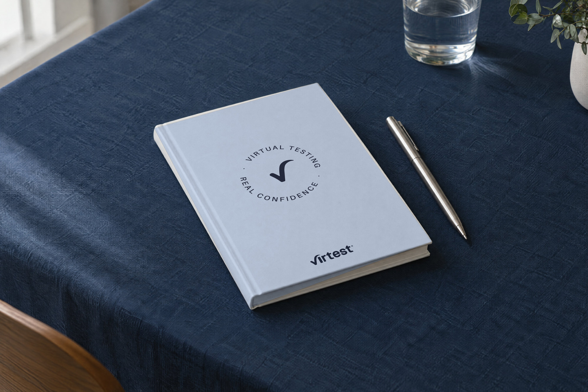 Recreación: la libreta de Virtest en Deep Signal con el sello, sobre una mesa de reuniones