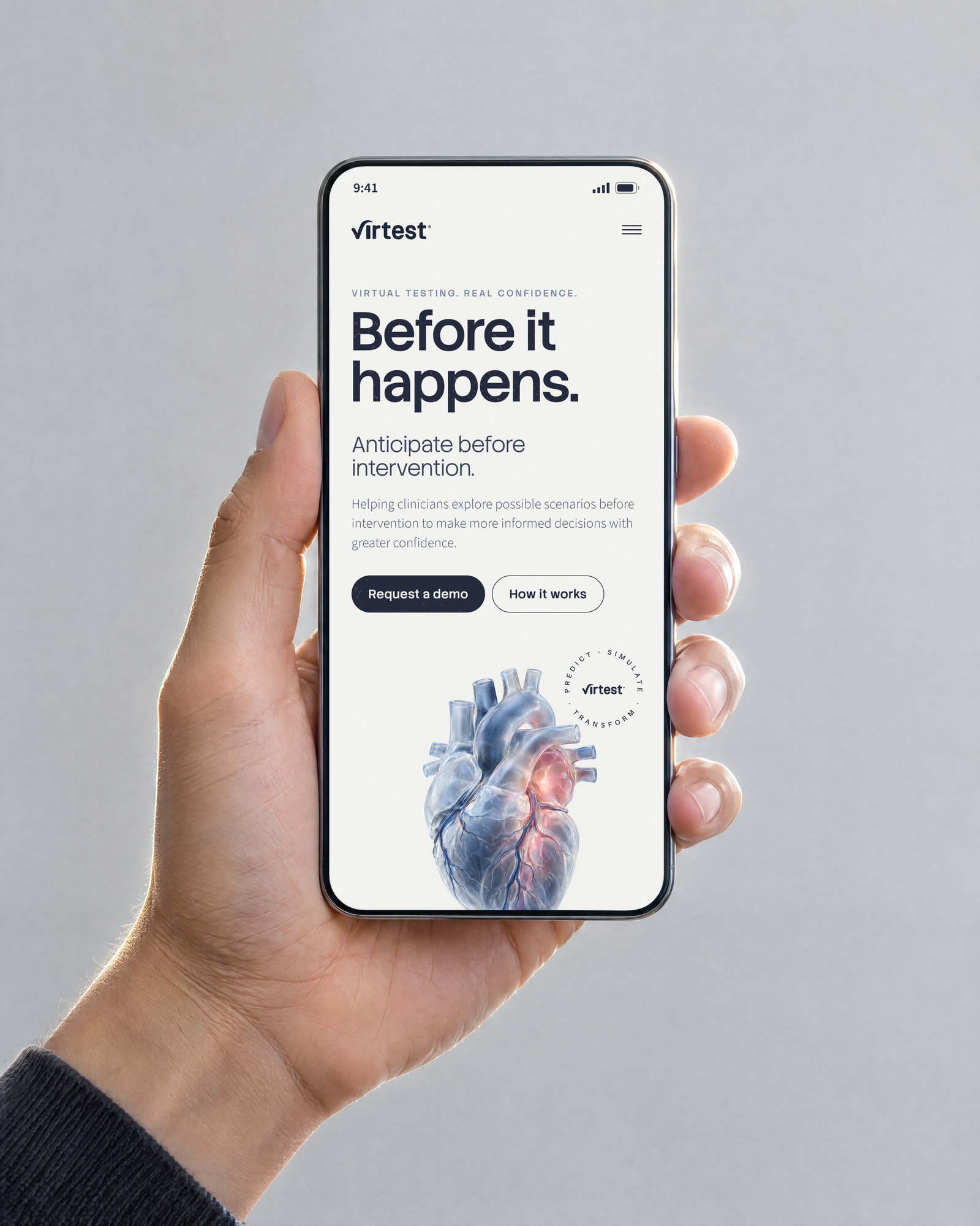 Recreación: la web de Virtest en un móvil, con «Before it happens.» y el corazón translúcido