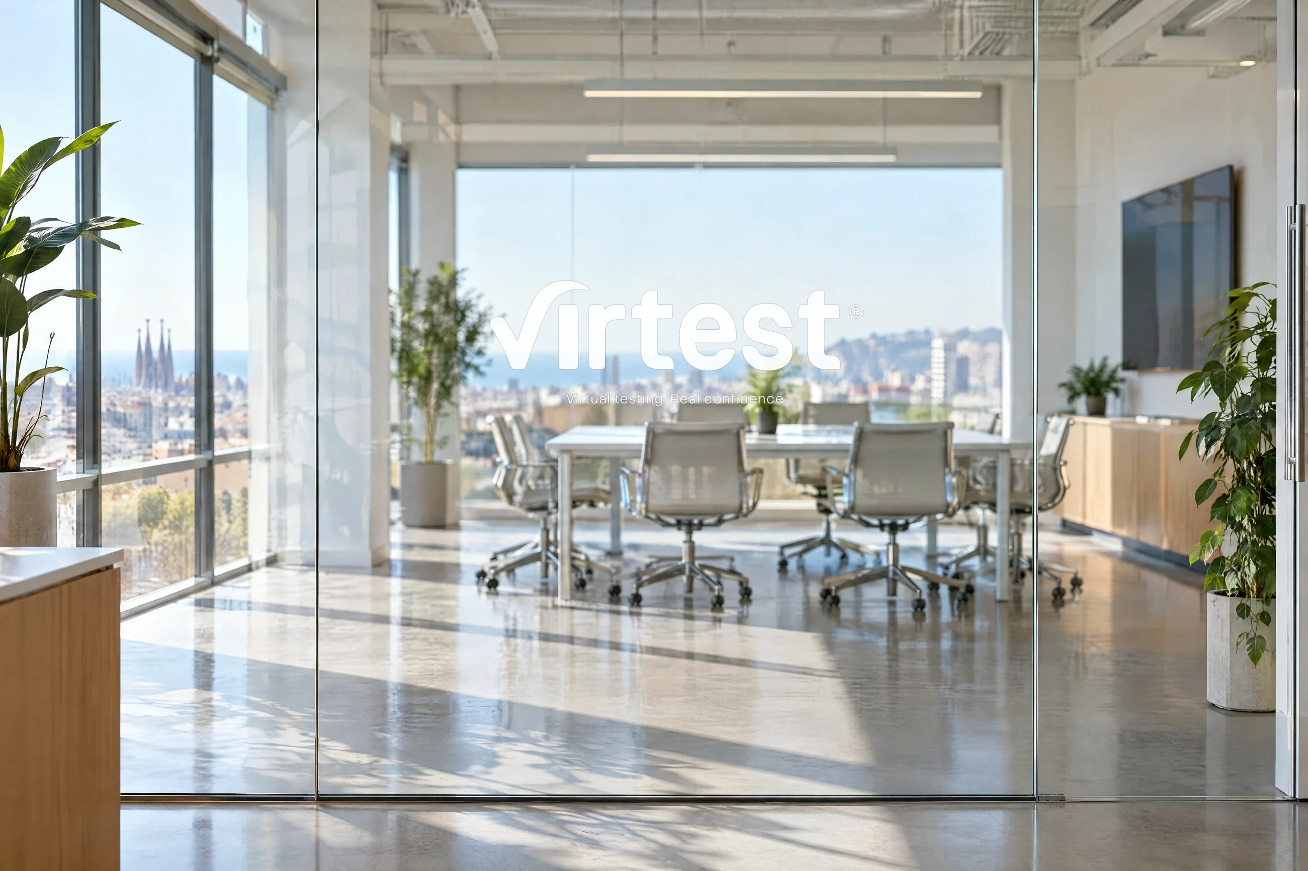 Recreación: el logotipo de Virtest en el cristal de una sala de reuniones con vistas a Barcelona