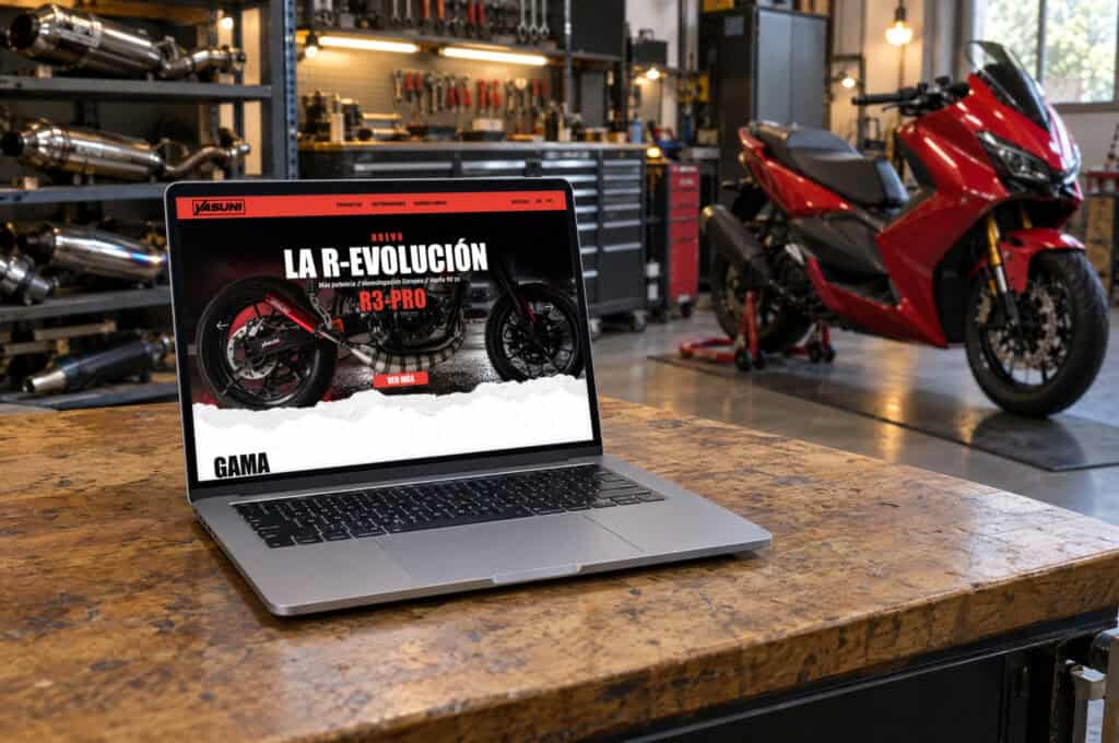 Recreación: la web de Yasuni abierta en un portátil sobre el banco de un taller de motos