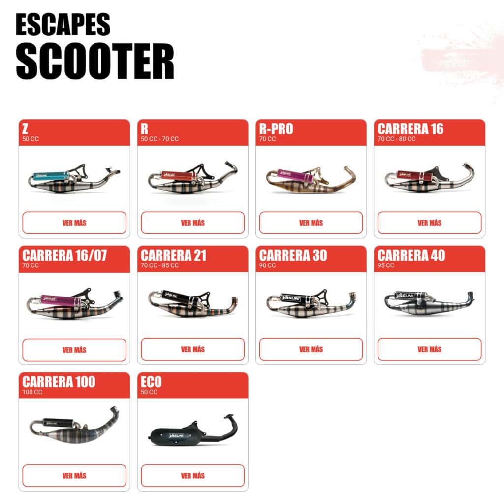 Catálogo de escapes para scooter en la web de Yasuni, con la cilindrada de cada modelo