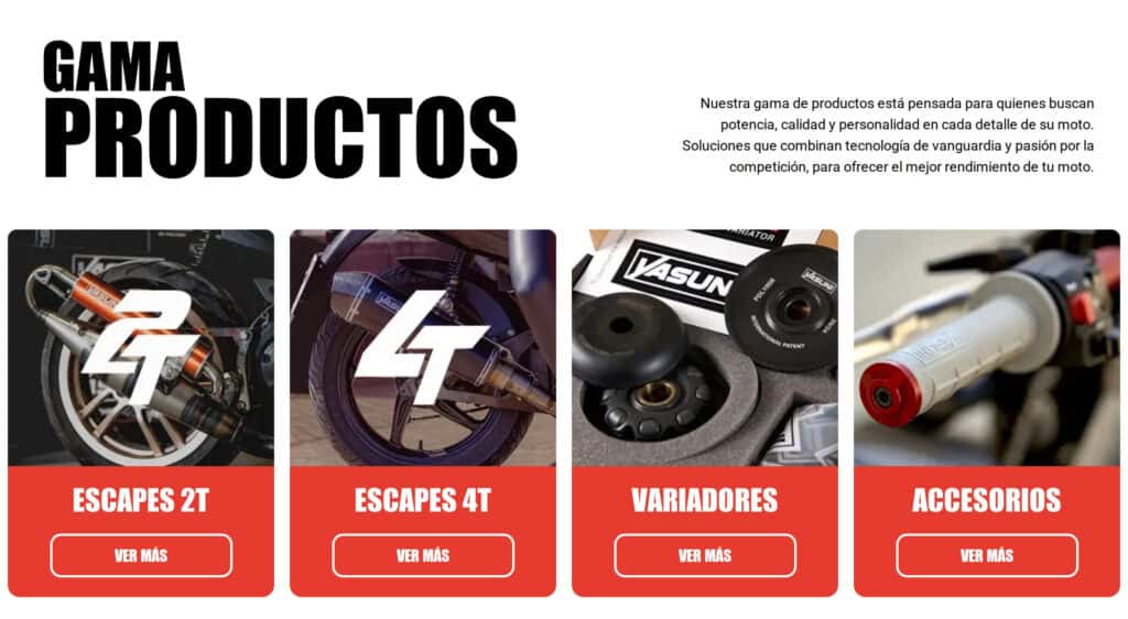 Sección Gama de productos de la web de Yasuni: escapes 2T, escapes 4T, variadores y accesorios