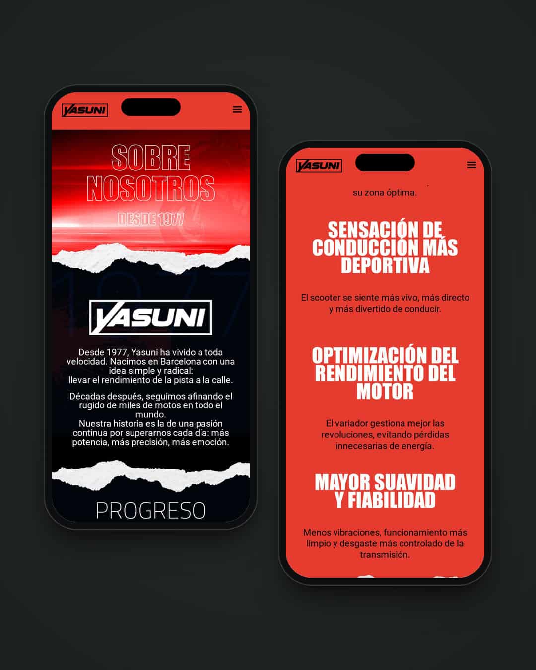 Dos páginas de la web de Yasuni en el móvil: Quiénes somos y el variador HP Race
