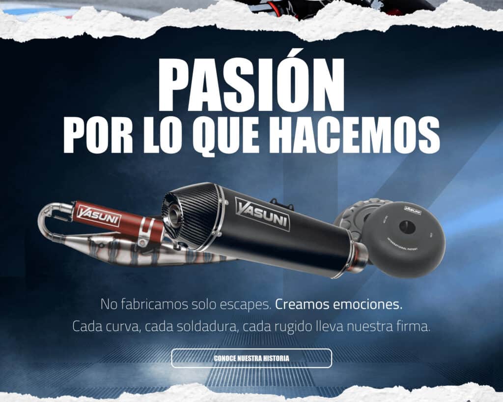 Sección Pasión por lo que hacemos de la web de Yasuni, con escapes y variador sobre fondo azul