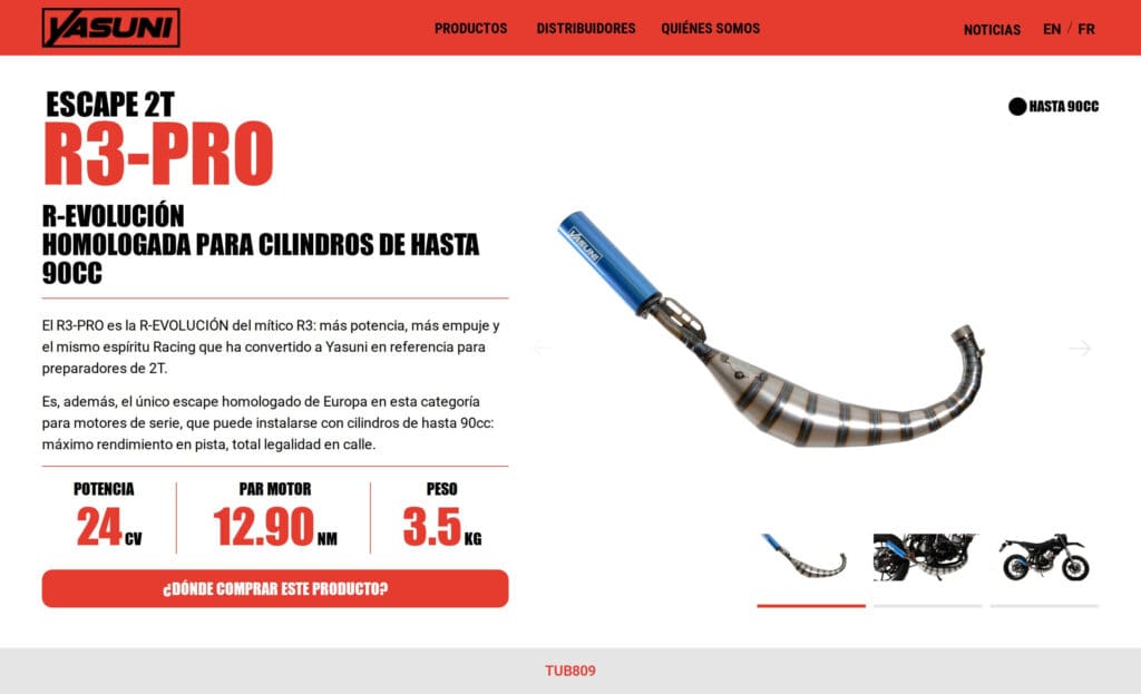 Ficha del escape R3-PRO en la web de Yasuni, con potencia, par y peso