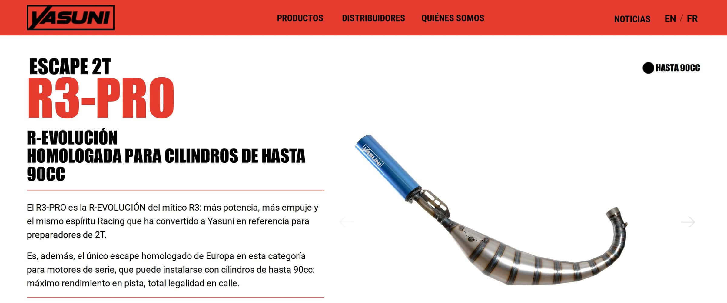 Ficha del escape R3-PRO en la web de Yasuni, homologado para cilindros de hasta 90 cc