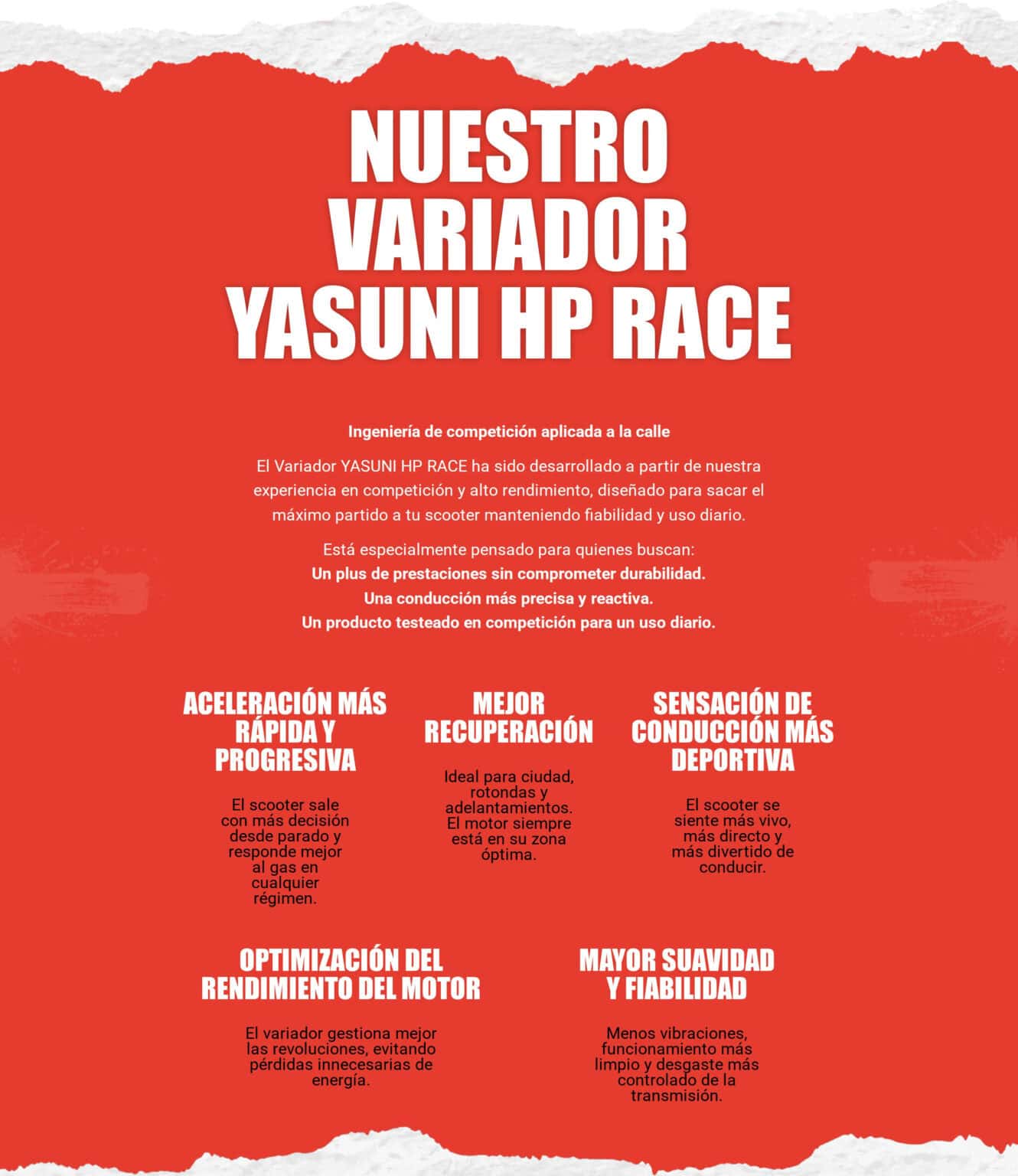 Página del variador Yasuni HP Race: ventajas sobre el rojo de la marca