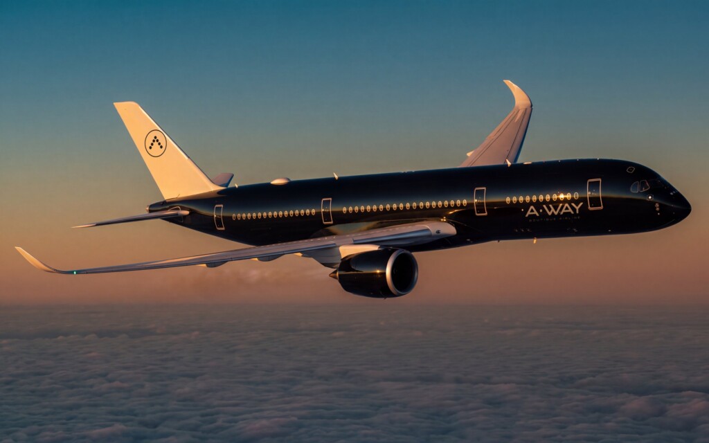 Recreación: Airbus A350 de A·WAY en vuelo sobre un mar de nubes al atardecer, con el fuselaje negro, la cola crema con el símbolo y el logotipo en el costado