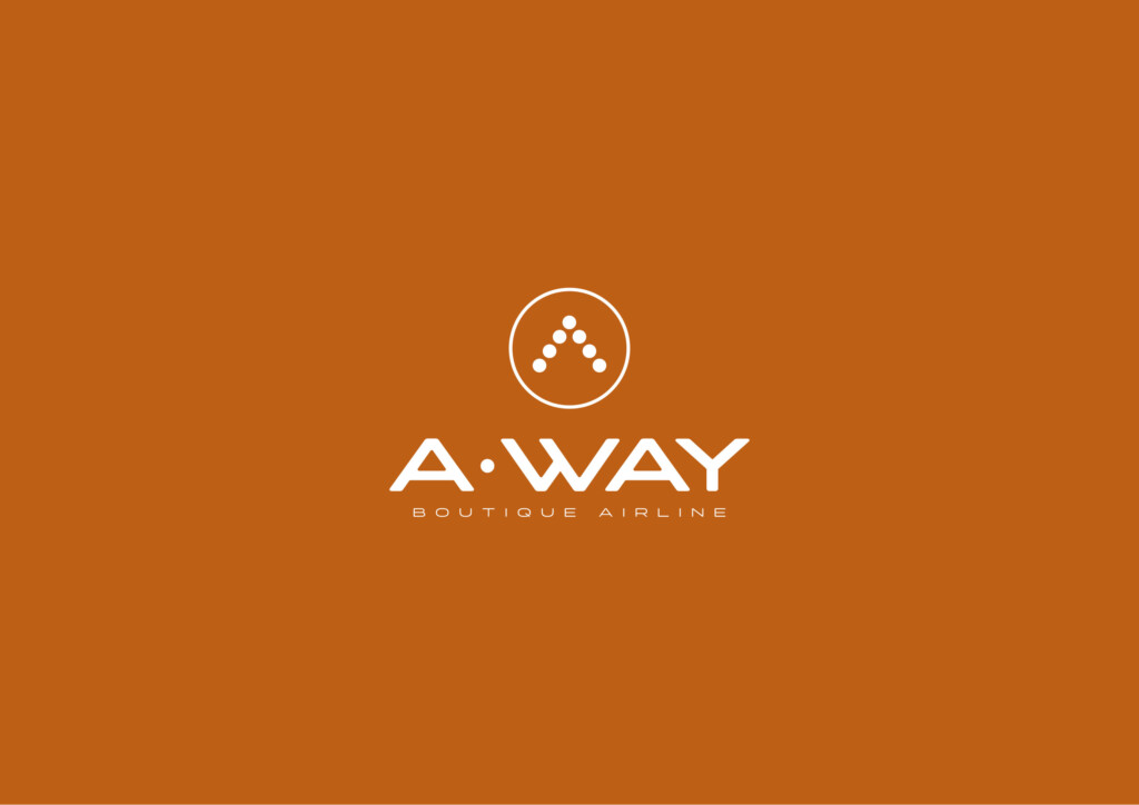 Logotipo de A·WAY Boutique Airline en blanco sobre naranja tostado