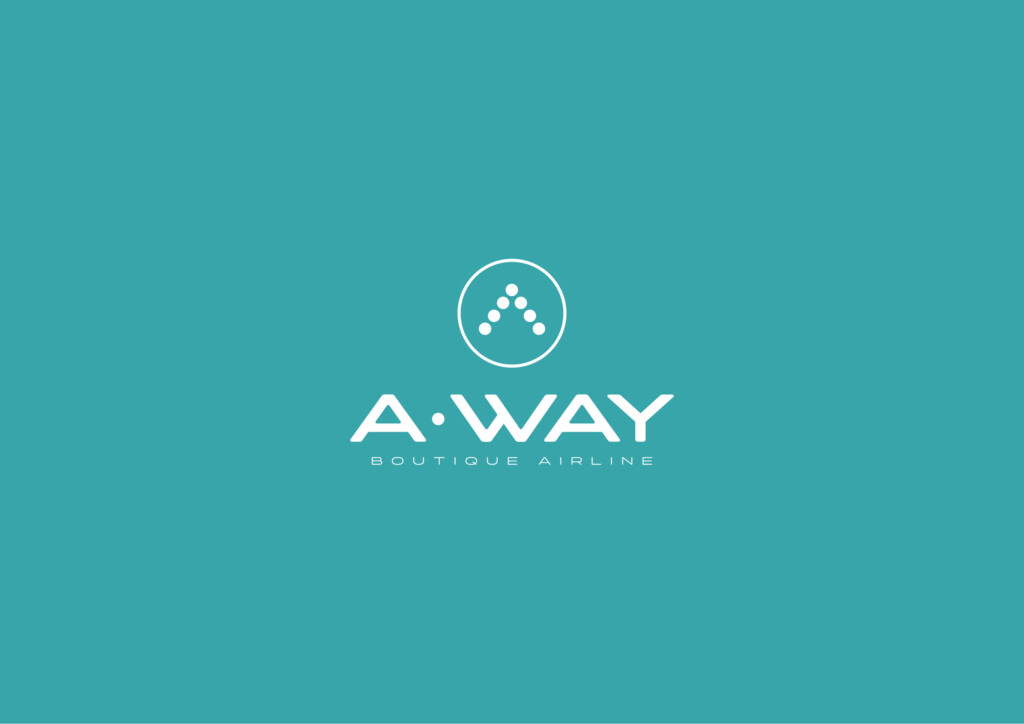 Logotipo de A·WAY Boutique Airline en blanco sobre turquesa