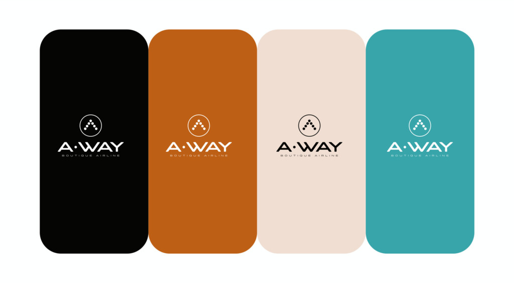 El logotipo de A·WAY sobre los cuatro colores de la marca: negro, naranja tostado, crema y turquesa