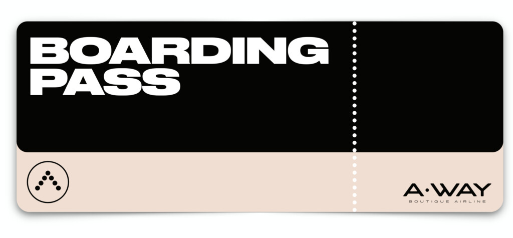 Tarjeta de embarque de A·WAY en negro y crema con el símbolo y el logotipo